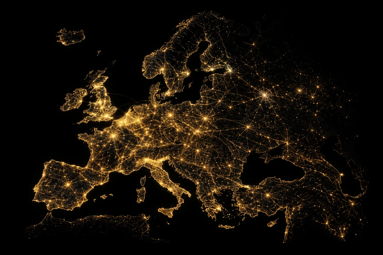 Illuminated map of Europe with connected employment routes